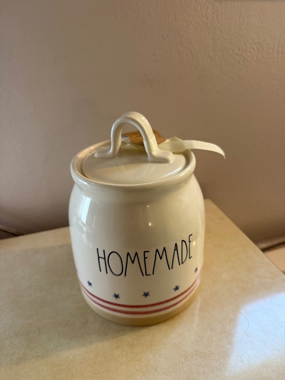 New Rae Dunn patriotic canister featuring the word "HOMEMADE